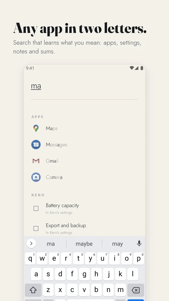Kern app search ranking Maps, Messages and Mail from the letters ma