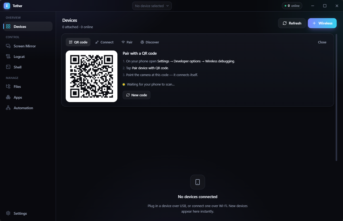 Tether ADB app — device dashboard with bundled adb and scrcpy